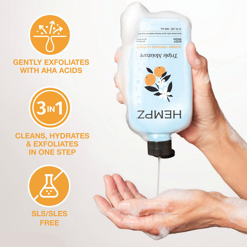 Hempz Triple Moisture Body Wash - Grapefruit & Peach - Hydrating for Sensitive Skin, Scented, Exfoliating with Shea Butter, Pure Hemp Seed Oil, and Algae for Sensitive Skin - 17 fl oz 🍁 All In One Marketplace Canada