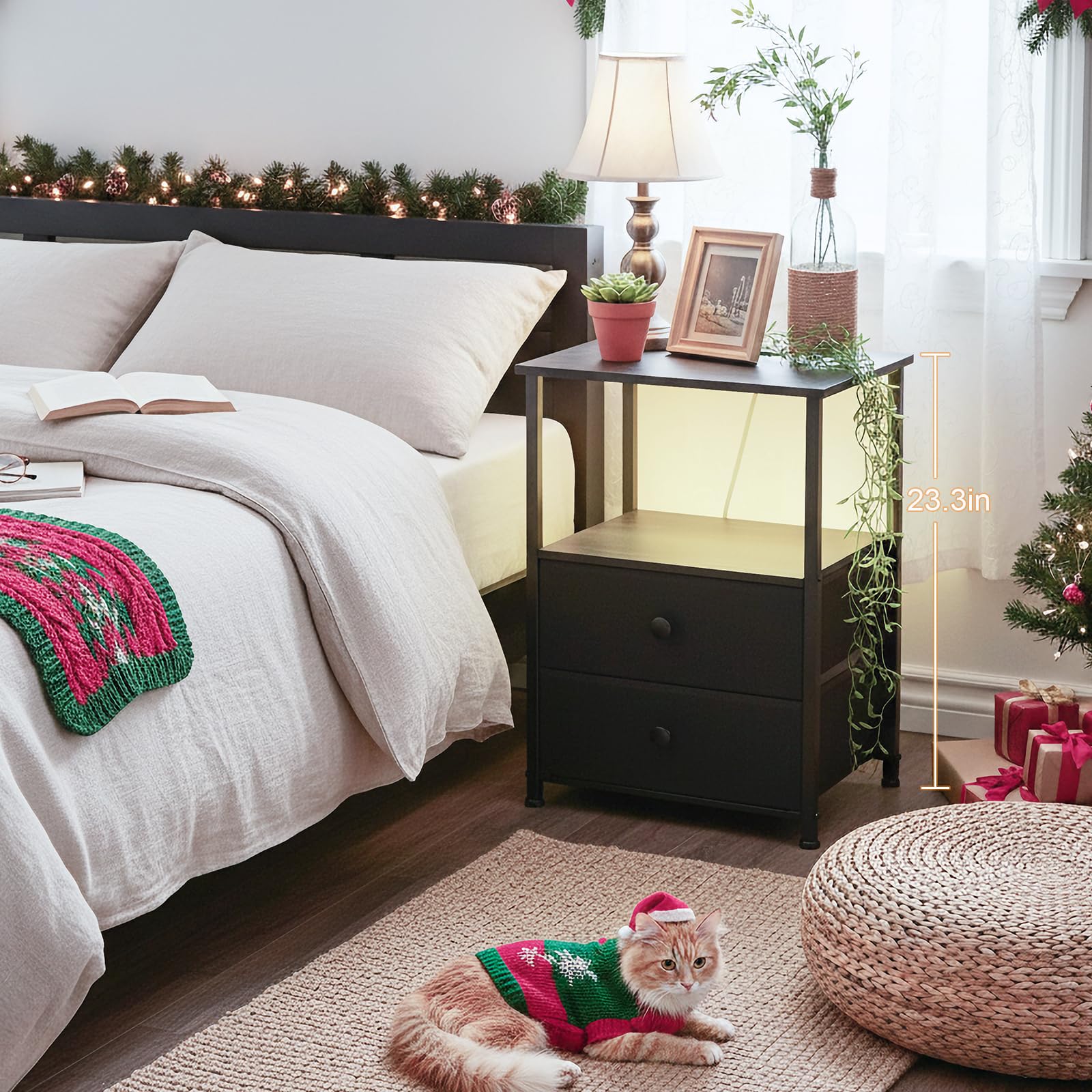 LOAKEKEL Night Stands Set 2, Bedside Table with Charging Station and LED Light, Nightstand with 2 AC Outlets and USB Ports, End Table with 2 Fabric Drawers for Bedroom, Living Room, Black, HETS02BK 🍁 All In One Marketplace Canada