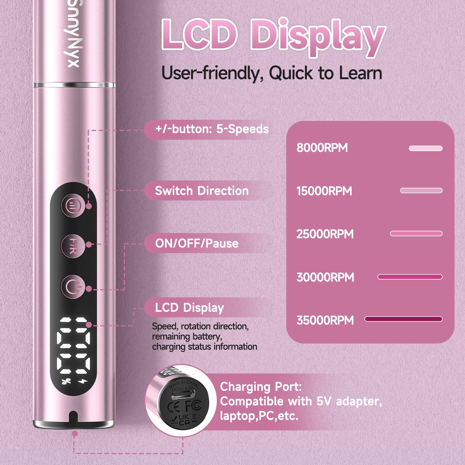 SnnyNyx Cordless Electric Nail Drill 35000 RPM, Professional Nail File Kit with LCD Display, 12 Bits & 36 Sanding Bands, Rechargeable Manicure Pedicure Kit for Acrylic Gel Nails, Salon & Home Use(Rose Gold) 🍁 All In One Marketplace Canada