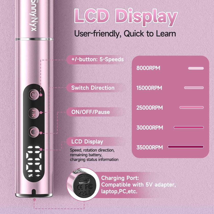 SnnyNyx Cordless Electric Nail Drill 35000 RPM, Professional Nail File Kit with LCD Display, 12 Bits & 36 Sanding Bands, Rechargeable Manicure Pedicure Kit for Acrylic Gel Nails, Salon & Home Use(Rose Gold) 🍁 All In One Marketplace Canada