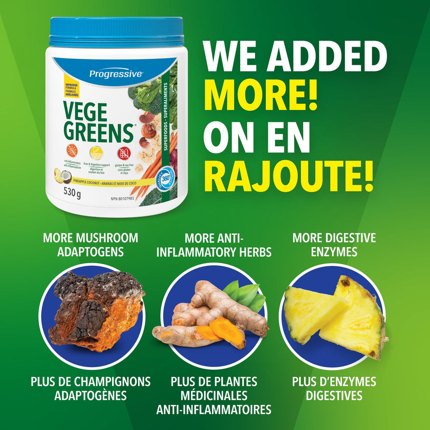 Progressive VegeGreens Pineapple Coconut, Vegan Canadian-Made Superfoods + Daily Greens with 23 Whole Foods, Adaptogens, Anti-Inflammatory, Antioxidants & Digestive Support for Energy and Immunity, 530 g 🍁 All In One Marketplace Canada