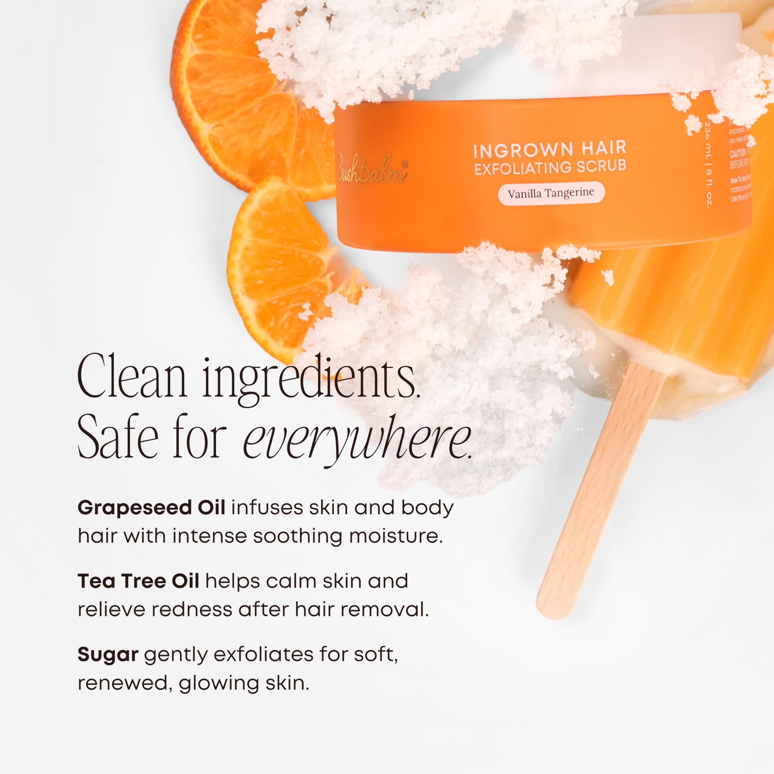 Bushbalm Ingrown Hair Exfoliating Scrub – Pre-Shave Sugar Scrub for Ingrown Hairs, Razor Bumps & Dry Skin – Gently Buffs & Soothes Sensitive Skin - Vanilla Tangerine 236 ml - Formerly Sweet Escape 🍁 All In One Marketplace Canada