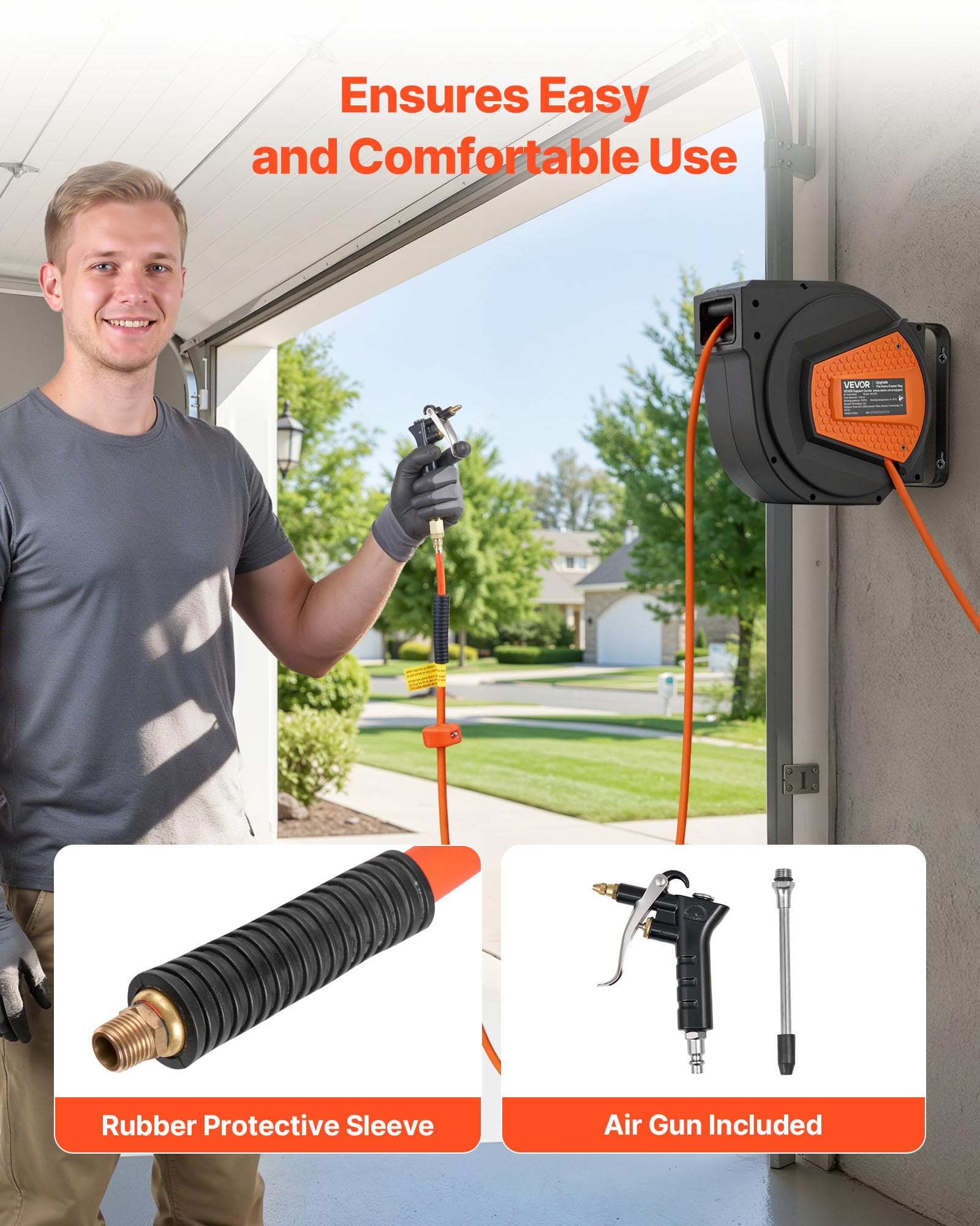 VEVOR Retractable Air Hose Reel, 1/4 Inch x 50 FT Hybrid Air Hose Max 300PSI, Enclosed Air-Compressor Hoses Reel Auto Rewind with 6.6 ft Lead in & Blow Gun, 180° Swivel Ceiling/Wall Mount 🍁 All In One Marketplace Canada