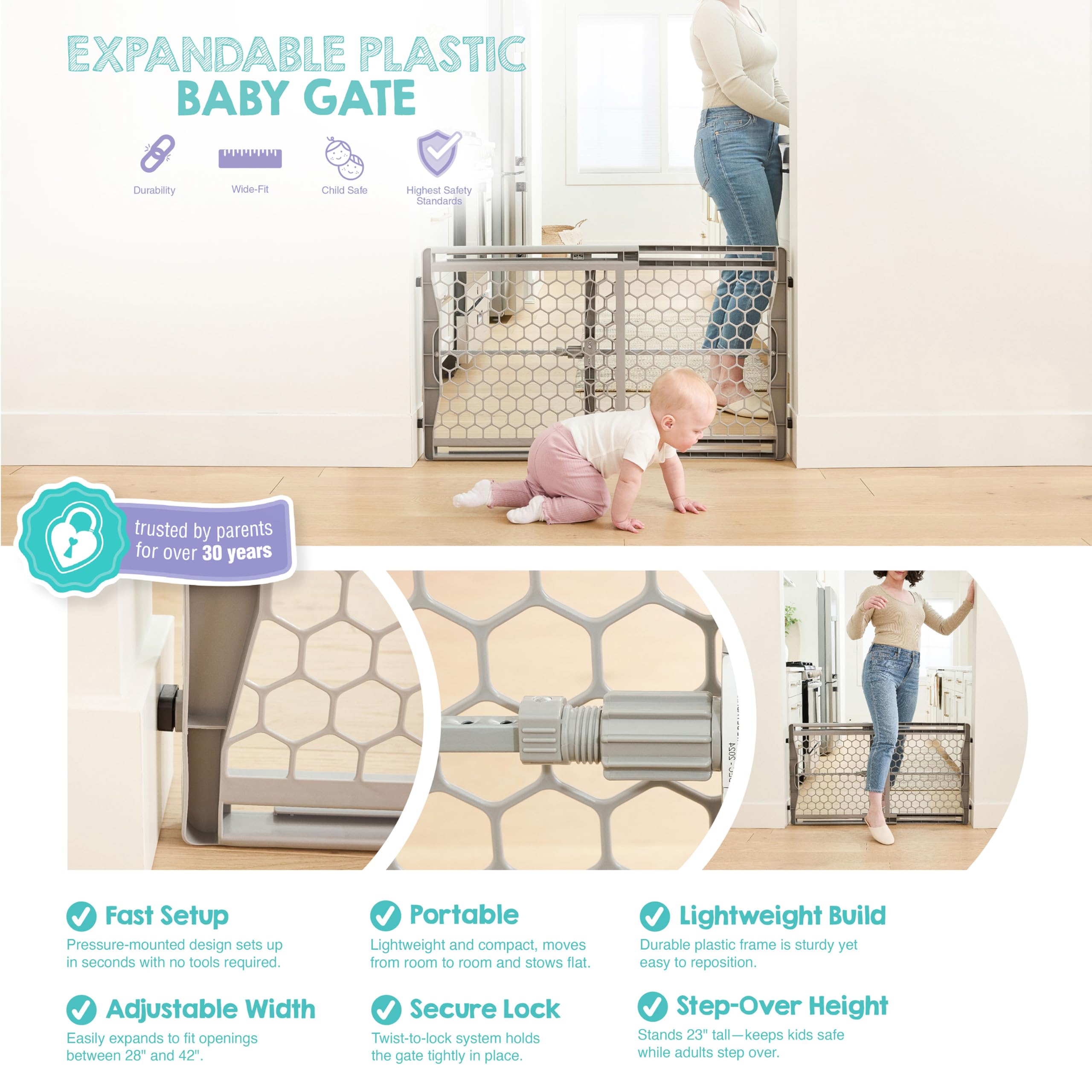 Regalo Easy Fit Plastic Adjustable Extra Wide Baby Gate, Award Winning Brand, 23 Inches Tall, Fits Openings Between 28 to 42 Inches, Pressure Mounted 🍁 All In One Marketplace Canada