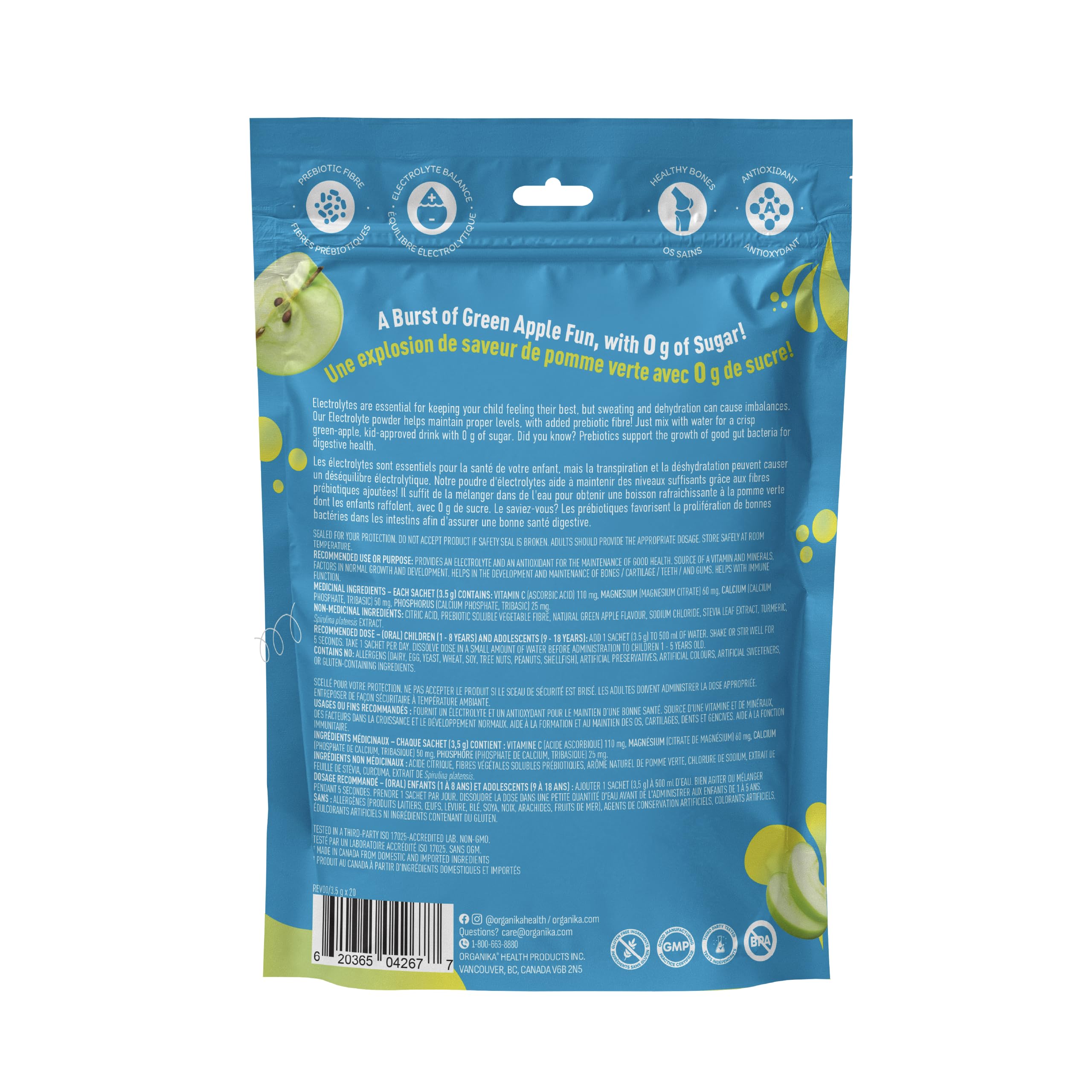 Organika Kids Electrolytes Powder Sticks - Sugar-Free Hydration + Immune support with 100% of daily Vitamin C, Minerals and Prebiotic Fibre | Green Apple Flavour - 3.5g x 20 sachets 🍁 All In One Marketplace Canada