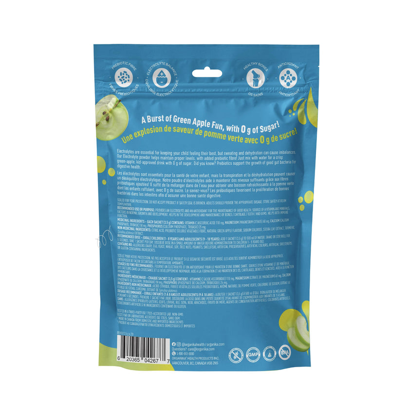 Organika Kids Electrolytes Powder Sticks - Sugar-Free Hydration + Immune support with 100% of daily Vitamin C, Minerals and Prebiotic Fibre | Green Apple Flavour - 3.5g x 20 sachets 🍁 All In One Marketplace Canada