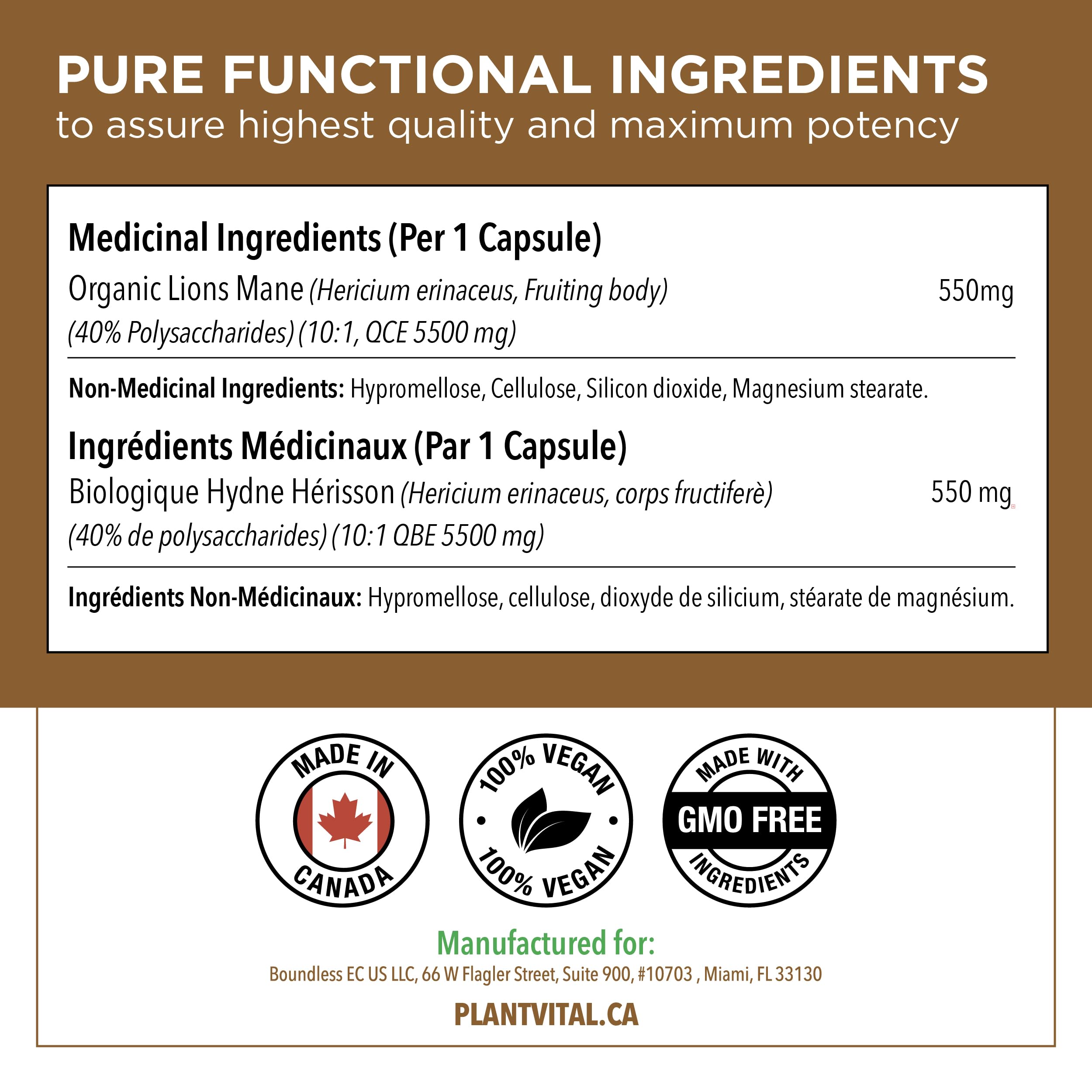 PlantVital Lions Mane - Made in Canada - Max Potency 11,000mg (10:1 Extract) - Organic Lion’s Mane Mushroom Supplements with 40% Polysaccharides - Supports Immune Health and Antioxidants -120 Capsules 🍁 All In One Marketplace Canada