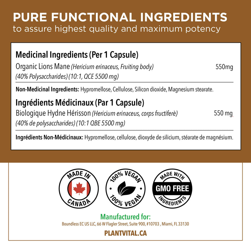 PlantVital Lions Mane - Made in Canada - Max Potency 11,000mg (10:1 Extract) - Organic Lion’s Mane Mushroom Supplements with 40% Polysaccharides - Supports Immune Health and Antioxidants -120 Capsules 🍁 All In One Marketplace Canada