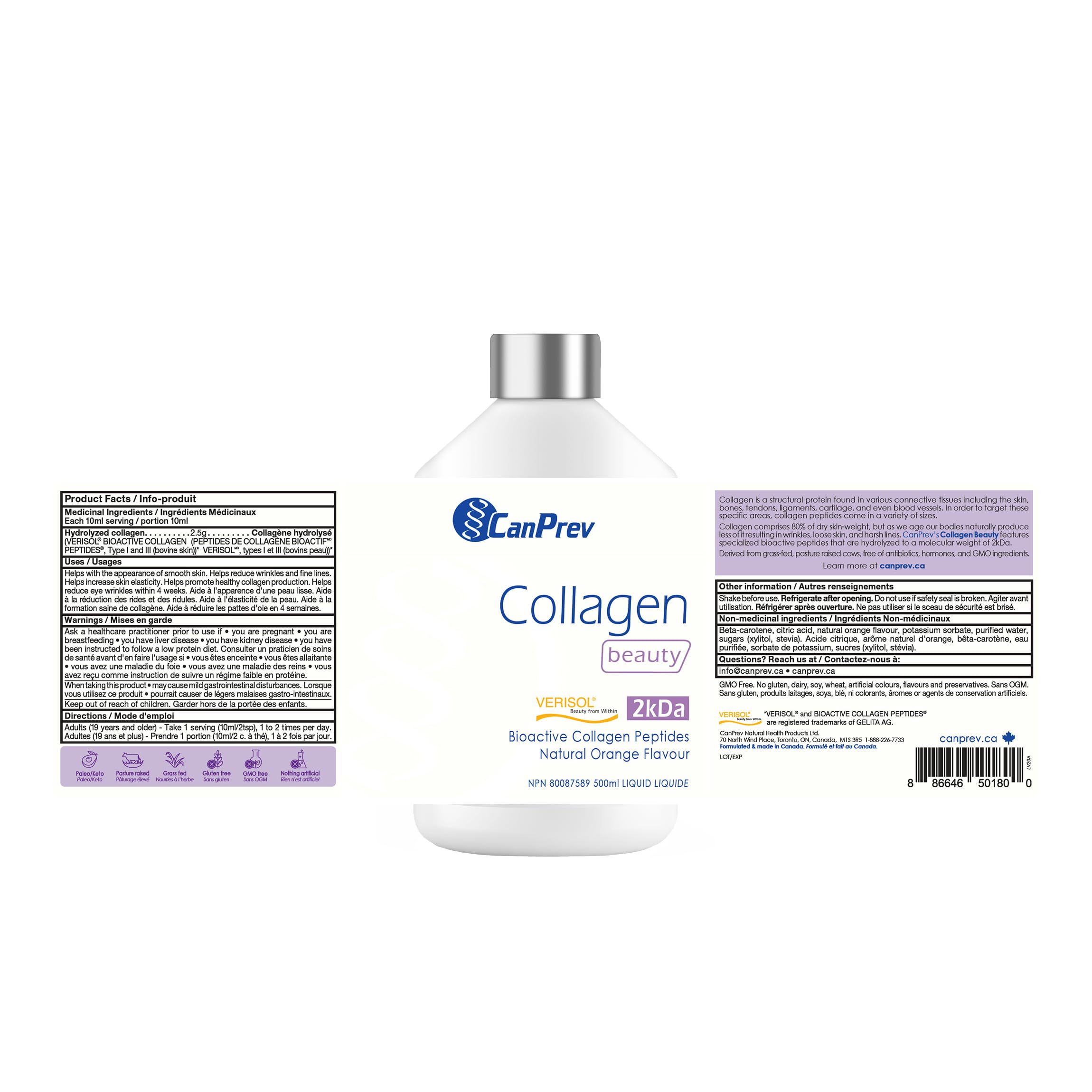 CanPrev Collagen Beauty Liquid, 500ml 50-Day Supply - Skin Smoothness & Elasticity in 28 Days - Free from Dairy, GMO and Gluten - Features Verisol Bioactive Collagen Peptides for Radiance and Support 🍁 All In One Marketplace Canada