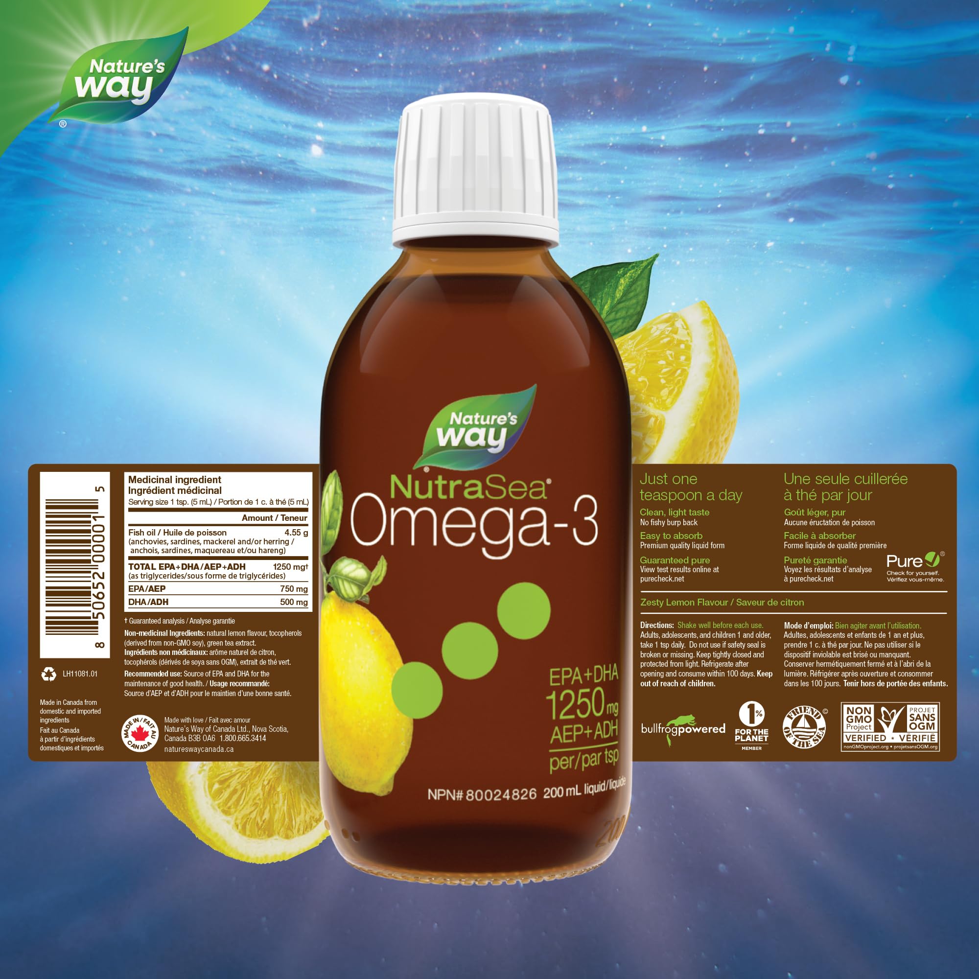 Nature's Way NutraSea Omega 3 Fish Oil Liquid Supplement – Zesty Lemon Flavour, Non-GMO – Heart & Brain Support for Adults and Kids Ages 1+ – 1250mg EPA & DHA, 200 mL 🍁 All In One Marketplace Canada