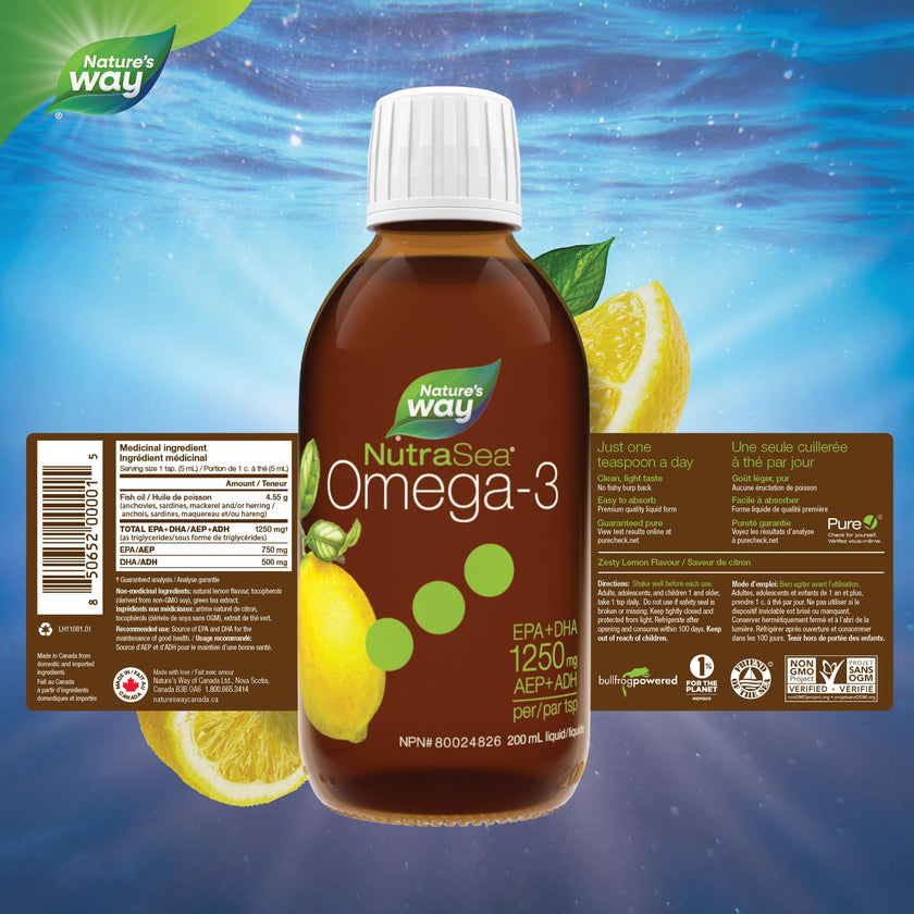 Nature's Way NutraSea Omega 3 Fish Oil Liquid Supplement – Zesty Lemon Flavour, Non-GMO – Heart & Brain Support for Adults and Kids Ages 1+ – 1250mg EPA & DHA, 200 mL 🍁 All In One Marketplace Canada
