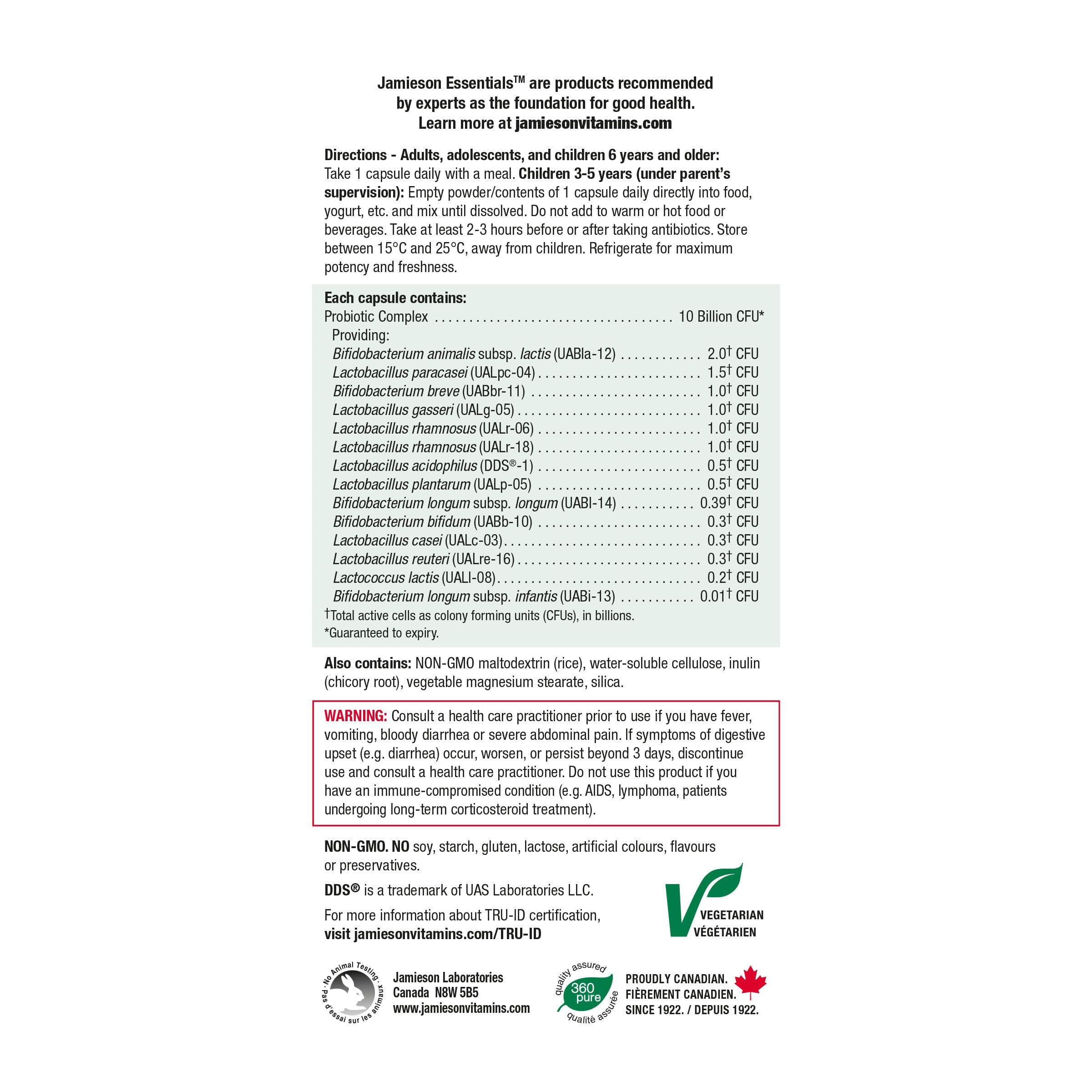Jamieson Probiotic 10 Billion CFU, 60 Veggie Capsules, Daily Maintenance, Intestinal & Digestive Health. 14 Unique Strains to Improve Microbial Diversity, Bifidobacterium and Lactobacillus, Non-GMO 🍁 All In One Marketplace Canada