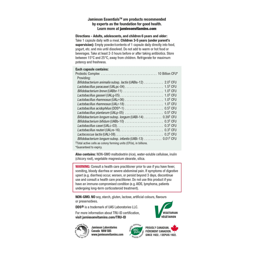 Jamieson Probiotic 10 Billion CFU, 60 Veggie Capsules, Daily Maintenance, Intestinal & Digestive Health. 14 Unique Strains to Improve Microbial Diversity, Bifidobacterium and Lactobacillus, Non-GMO 🍁 All In One Marketplace Canada