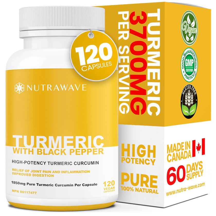 Nutrawave HIGH POTENCY TURMERIC CURCUMIN + BLACK PEPPER EXTRACT – Powerful 3700mg per Serving (2 capsules), Source of Anti-Inflammatory and Antioxidants. Joint Pain Relief, Improved Liver Function. Non-GMO, Vegan, Gluten Free. Zero Additives, Easy to Swal