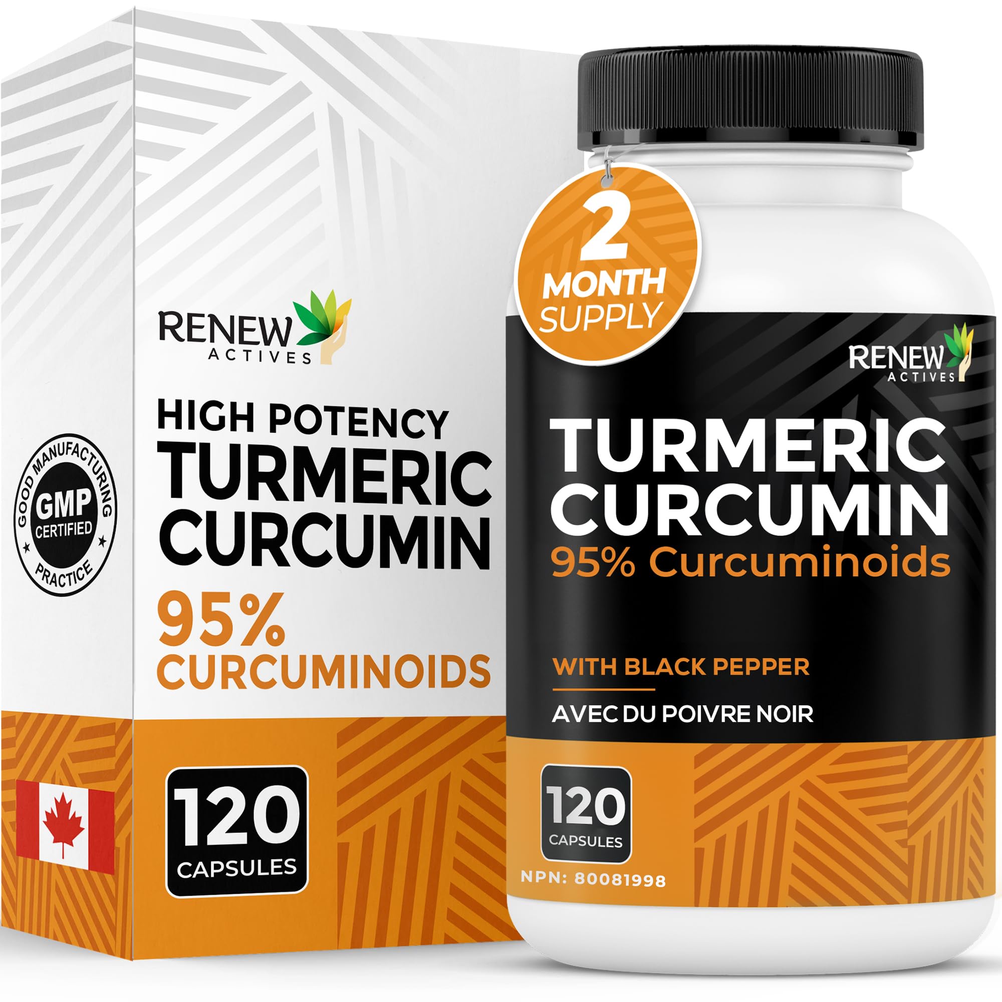 RENEW ACTIVES Turmeric Curcumin – Ultra Potent 95% Curcuminoids with BioPerine Black Pepper for Maximum Absorption – Supports Joint Health, Mobility, Digestion & Liver – Made in Canada – 120 Capsules 🍁 All In One Marketplace Canada