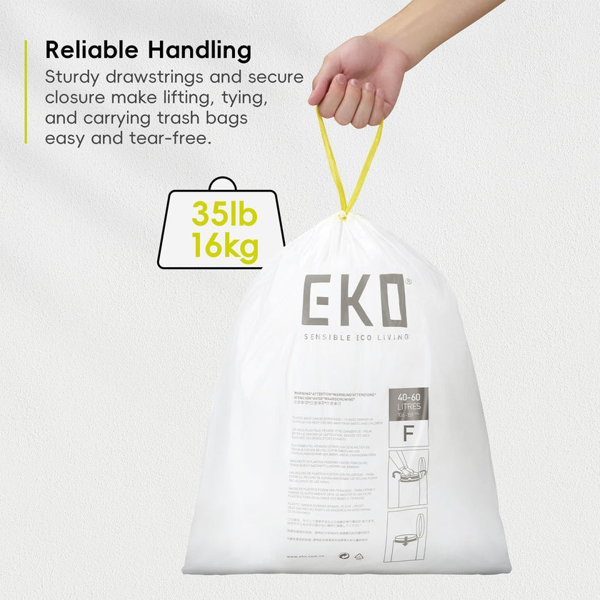 EKO 13 Gallon / 40-60 Liter Drawstring Trash Bags, Extra-Strong Unscented Garbage Bags, 60 Count Easy-Dispense Roll for Kitchen & Household Use, Leak-Resistant, Code F, White 🍁 All In One Marketplace Canada