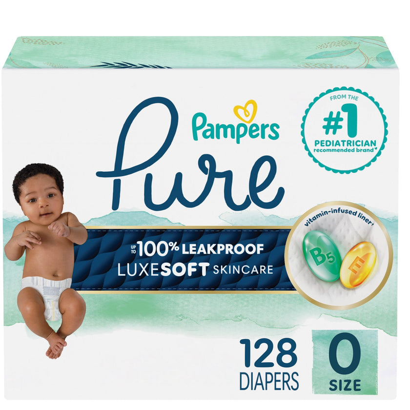 Pampers Pure Baby Diapers, Size 0, Up to 100% Leakproof, Premium Hypoallergenic Soft Diapers, 1 Pack (Count of 128) 🍁 All In One Marketplace Canada