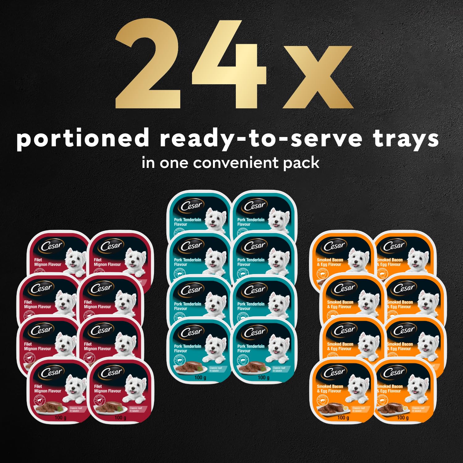 CESAR Classic Loaf in Sauce Adult Wet Dog Food Mealtime Variety Pack, with 8 Filet Mignon, 8 Pork Tenderloin & 8 Smoked Bacon & Egg Flavours, 24x100g Trays 🍁 All In One Marketplace Canada