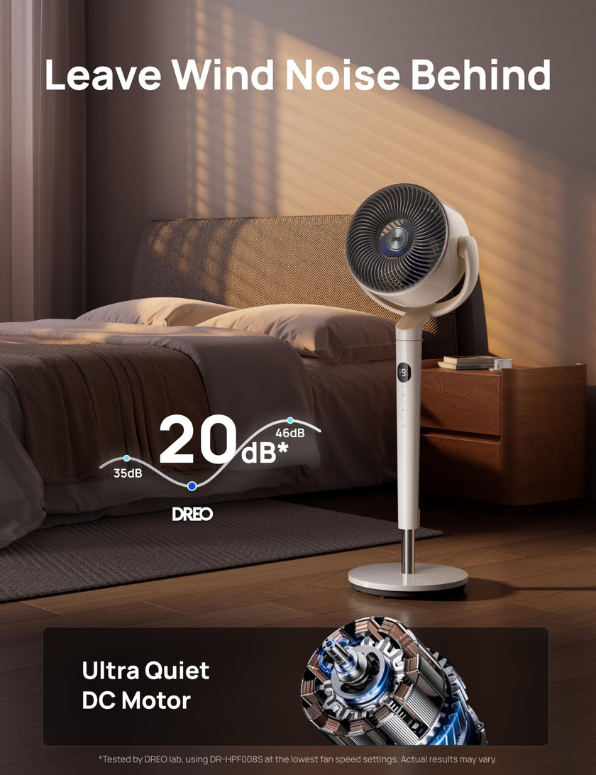 DREO Smart Fan for Bedroom, 120° +120° Omni-Directional Oscillating Fans, 90ft Quiet Pedestal Fan with RGB Light, 9 Speeds, 6 Modes, 20dB, 8H Timer, Wi-Fi/Voice/Alexa, 37-42
