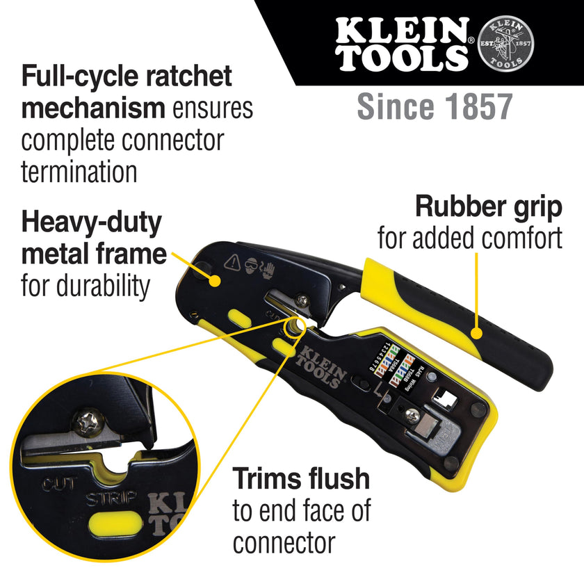 Klein Tools VDV226-110 Ratcheting Modular Data Cable Crimper/Wire Stripper/Wire Cutter for RJ11/RJ12 Standard, RJ45 Pass-Thru Connectors 🍁 All In One Marketplace Canada