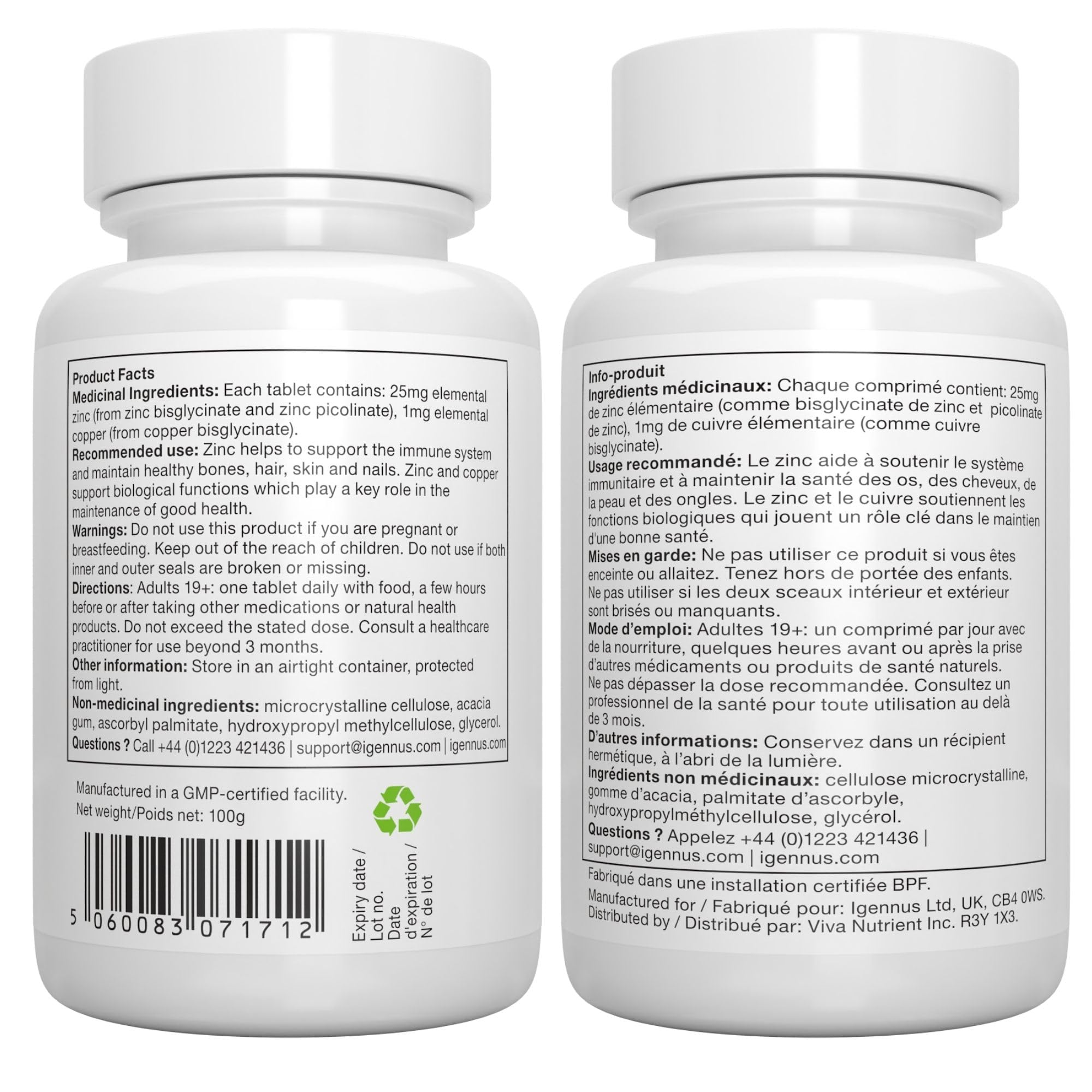 Igennus Zinc 25mg with Copper, Dual-Form Zinc Picolinate & Bisglycinate Complex, Clean Label & High Absorption, 180 Tablets (6 Month Supply), Immune, Skin and Cellular Health Support, Non-GMO, Vegan 🍁 All In One Marketplace Canada