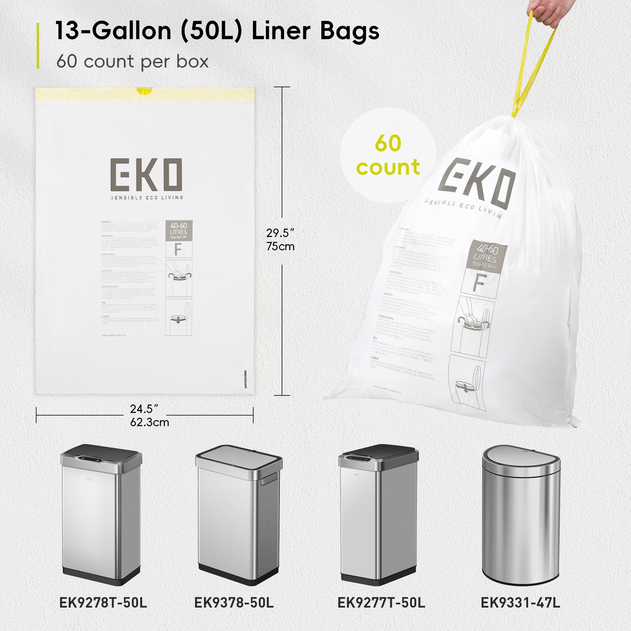 EKO 13 Gallon / 40-60 Liter Drawstring Trash Bags, Extra-Strong Unscented Garbage Bags, 60 Count Easy-Dispense Roll for Kitchen & Household Use, Leak-Resistant, Code F, White 🍁 All In One Marketplace Canada
