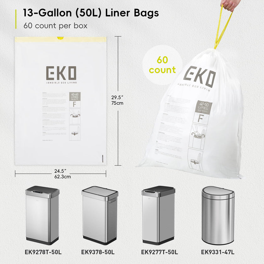 EKO 13 Gallon / 40-60 Liter Drawstring Trash Bags, Extra-Strong Unscented Garbage Bags, 60 Count Easy-Dispense Roll for Kitchen & Household Use, Leak-Resistant, Code F, White 🍁 All In One Marketplace Canada