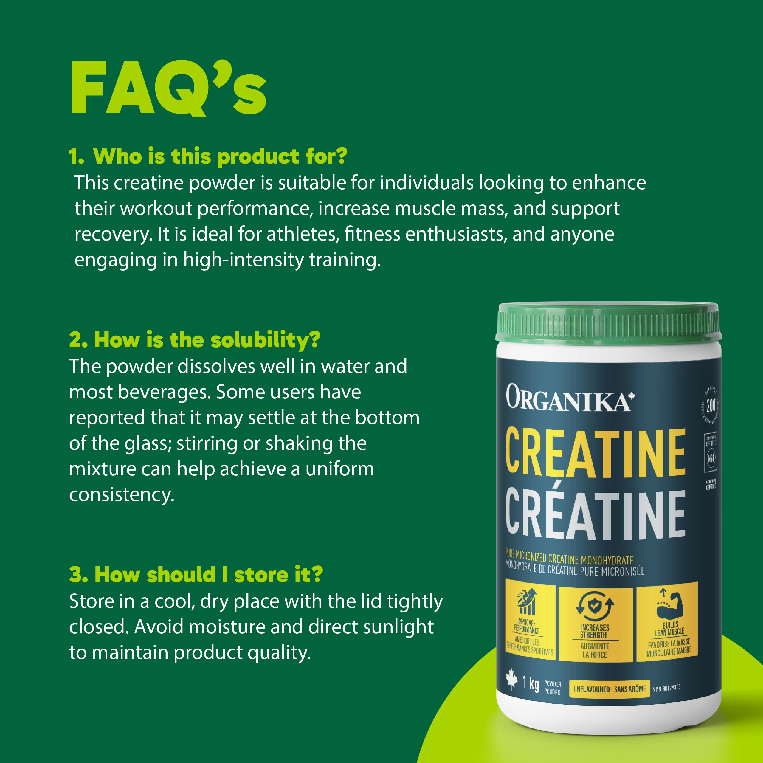Organika Canadian-Made Creatine Powder - Pure Micronized Creatine Monohydrate - NSF Certified - Supports Strength, Muscle, Recovery and Performance for Men and Women - Unflavoured - 1KG, 200 servings 🍁 All In One Marketplace Canada