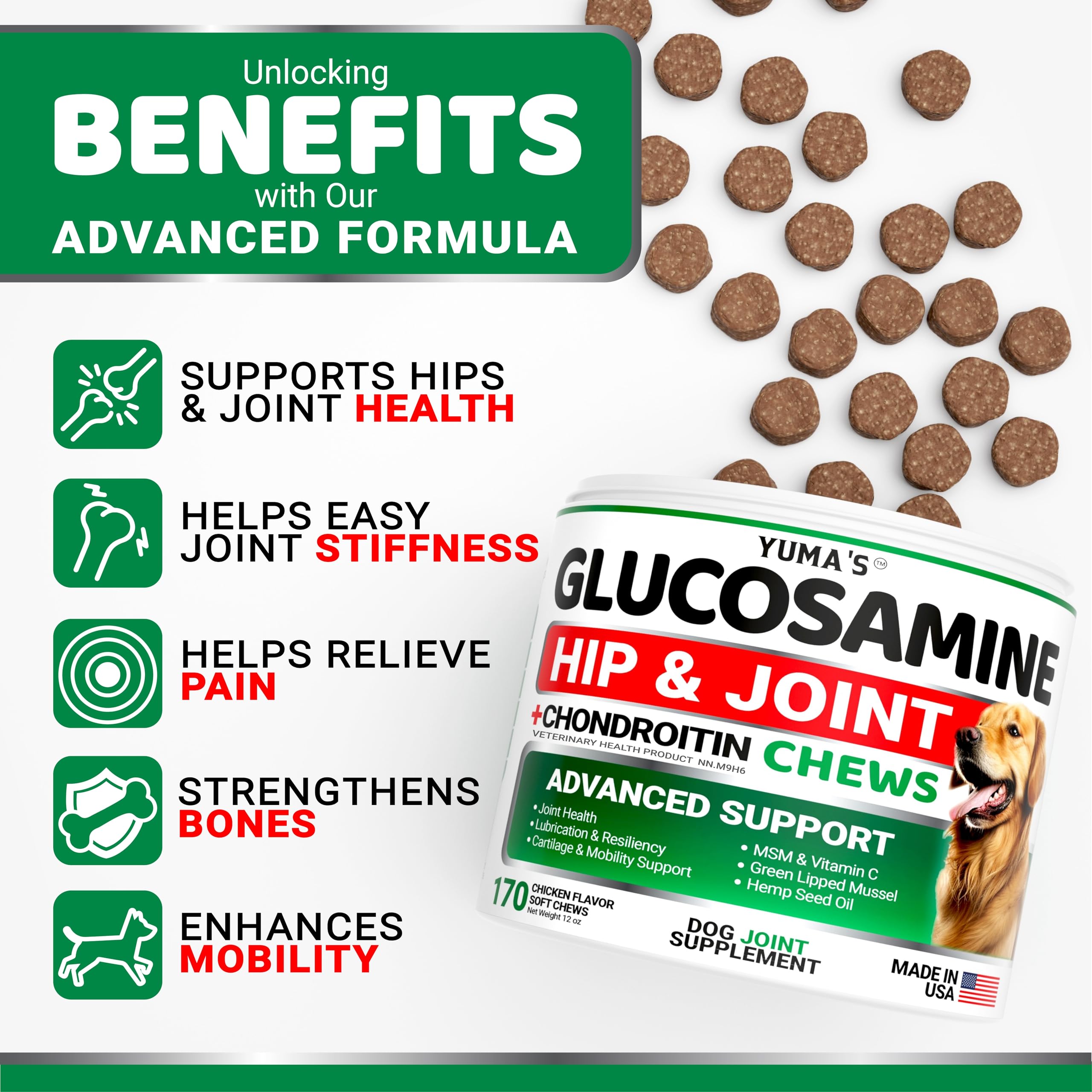 Glucosamine for Dogs - 170 Chews - Hip and Joint Supplement for Dogs - Glucosamine Chondroitin Chews - Joint Pain Relief Supplement with MSM - Advanced Health - Mobility Support - Made in USA 🍁 All In One Marketplace Canada