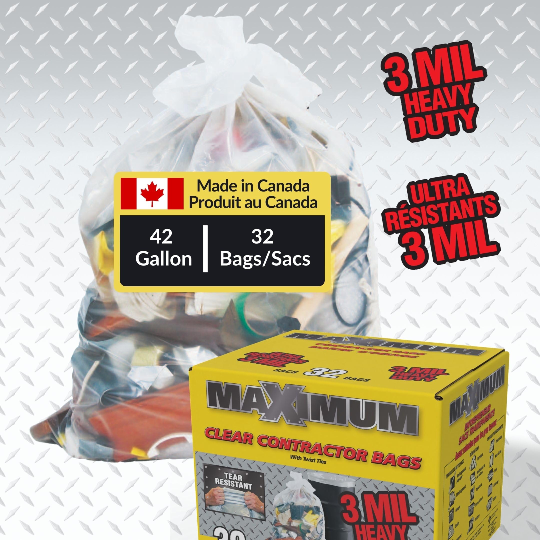 Maximum Heavy Duty Garbage Bags, 42-Gallon, 3 Mil, Clear Garbage Bags Extra Large, Tear Resistant, Industrial Strength, 32 Counts, Made In Canada 🍁 All In One Marketplace Canada
