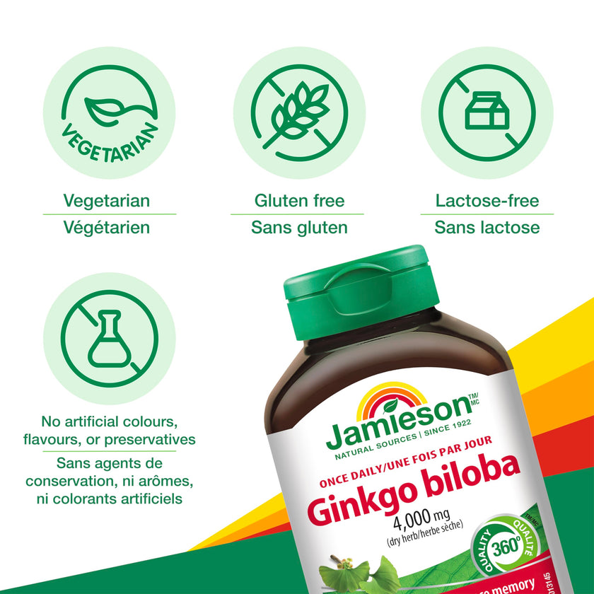 Jamieson Ginko Biloba 4,000 mg, Helps Enhance Cognitive Function, Improve Memory, and Supports Peripheral Circulation. Vegetarian, Gluten-Free, 90 Count 🍁 All In One Marketplace Canada