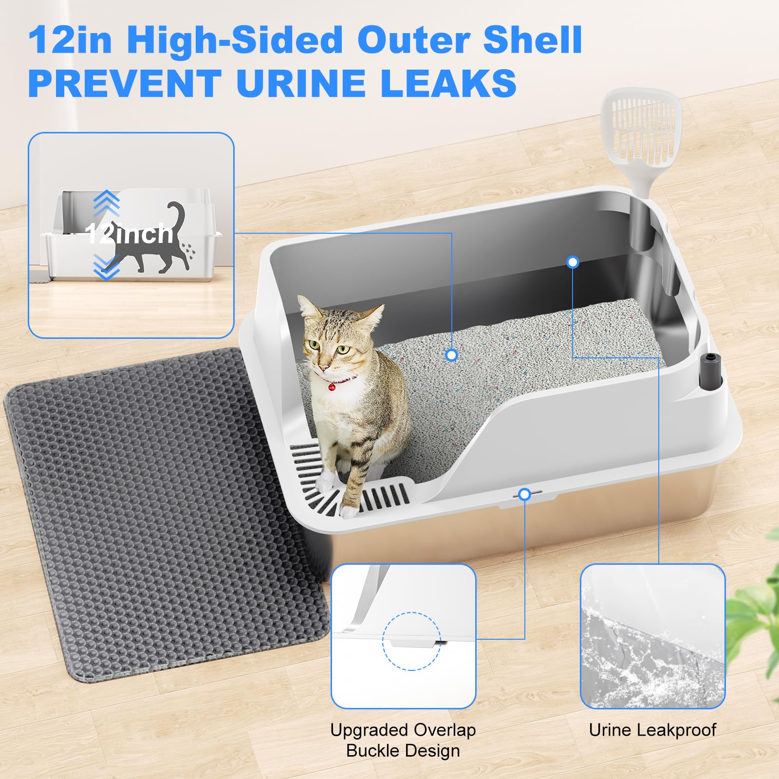 Stainless Steel Cat Litter Box with Lid, XL for Big Cats, High Sided Metal Litter Pan, Anti Leakage,Odor-Free & Easy Cleaning,Included Scoop &Trash Bag*2 & Mat & Sticker (White) 🍁 All In One Marketplace Canada