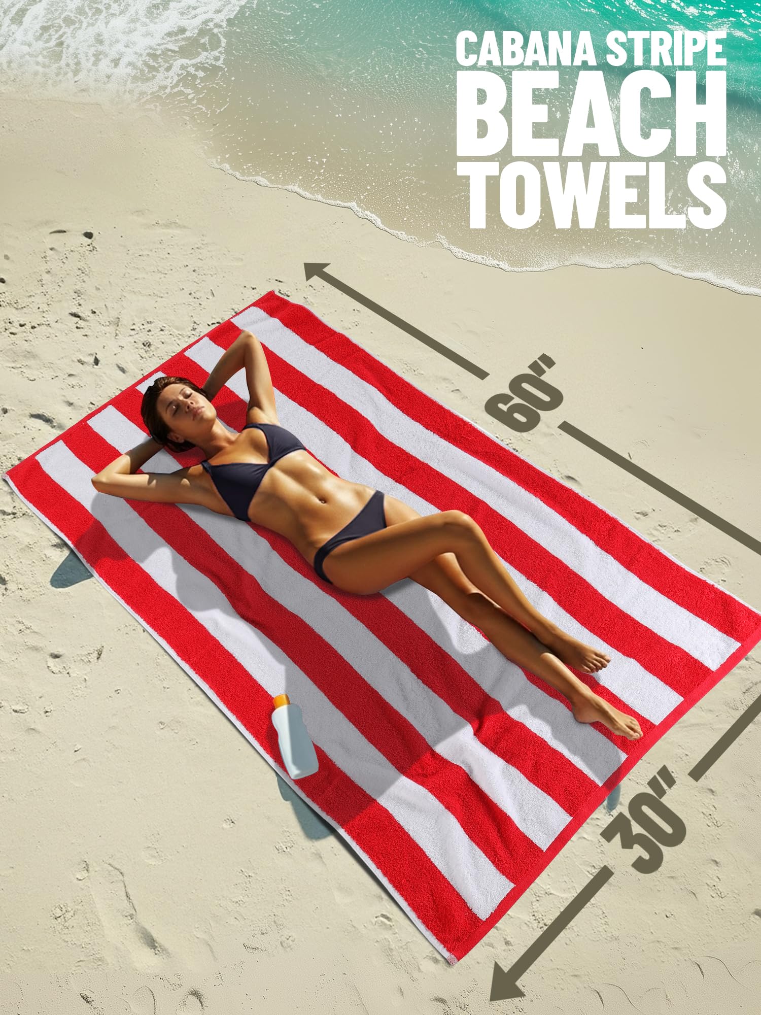 Utopia Towels 4 Pack Cabana Stripe Beach Towels (30x60 inches) - 100% Ring Spun Cotton Large Pool Towels, Soft and Quick Dry Swim Towels (Blue,Grey,Red,Green) 🍁 All In One Marketplace Canada