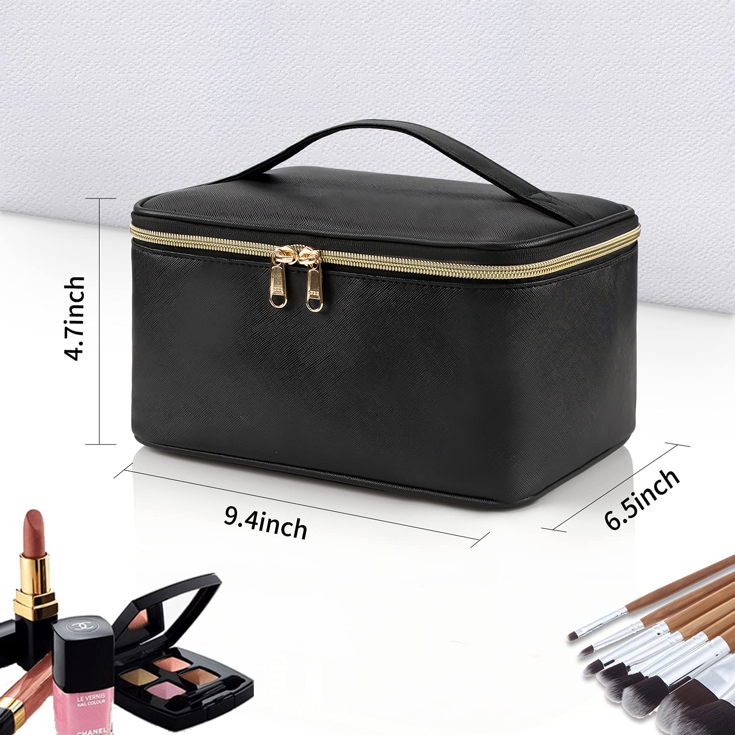 Makeup Bag, Portable Cosmetic Bag, Large Capacity Travel Makeup Case Organizer for Women and Girls, Train Case Makeup Bag for Toiletries for Traveling with Handle and Divider, Black 🍁 All In One Marketplace Canada