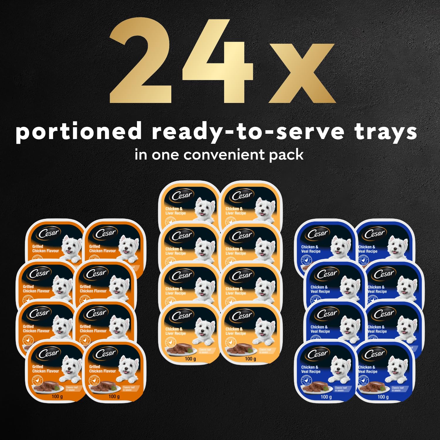 CESAR Classic Loaf in Sauce Adult Wet Dog Food Chicken Lovers Variety Pack, 8 Grilled Chicken Flavour, 8 Chicken & Liver Recipe, 8 Chicken & Veal Recipe 24x100g Trays 🍁 All In One Marketplace Canada