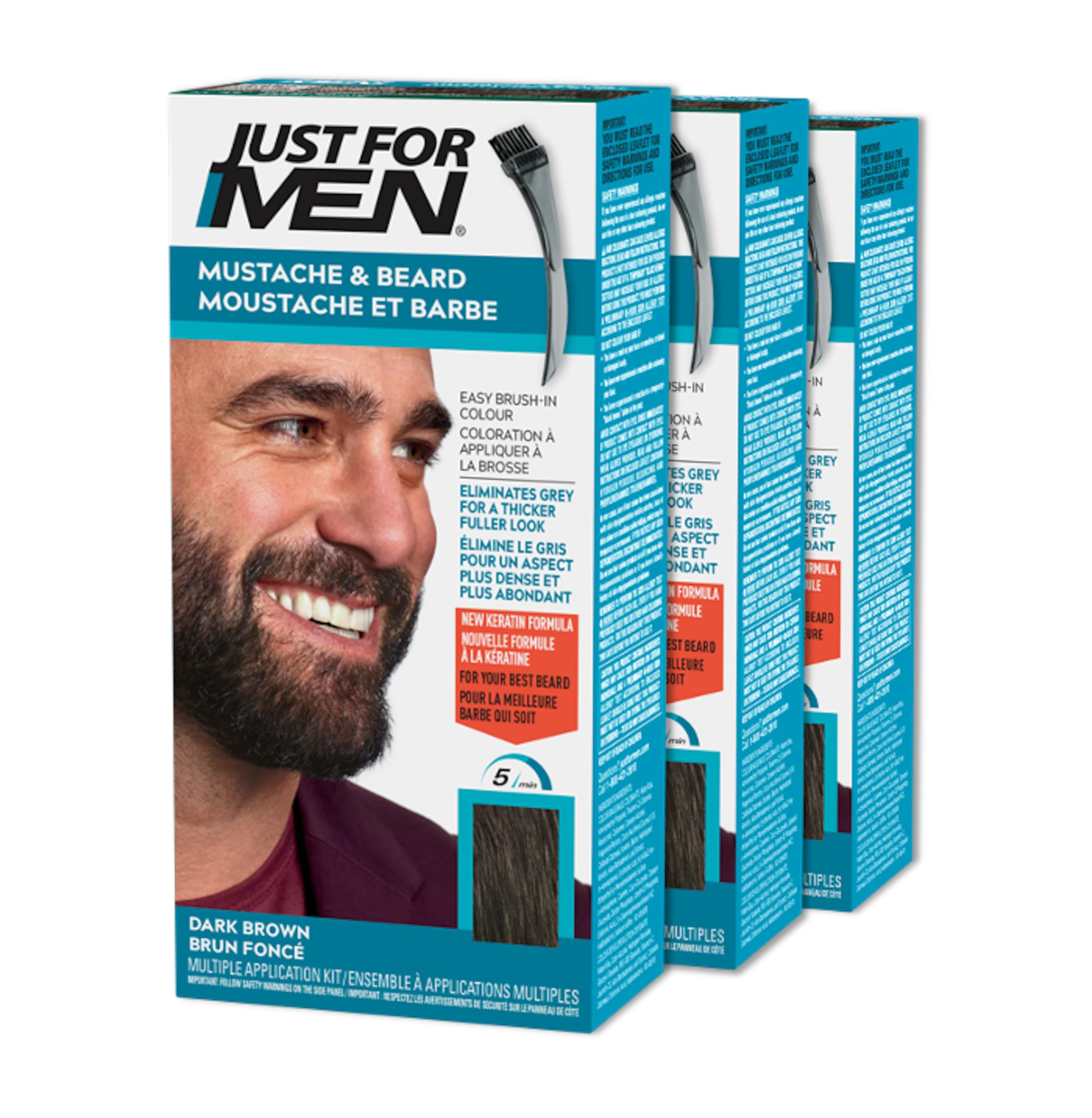 Just For Men Mustache & Beard, Beard Dye for Men with Brush Included for Easy Application, With Biotin Aloe and Coconut Oil for Healthy Facial Hair, Dark Brown, M-45 (3 Count) 🍁 All In One Marketplace Canada