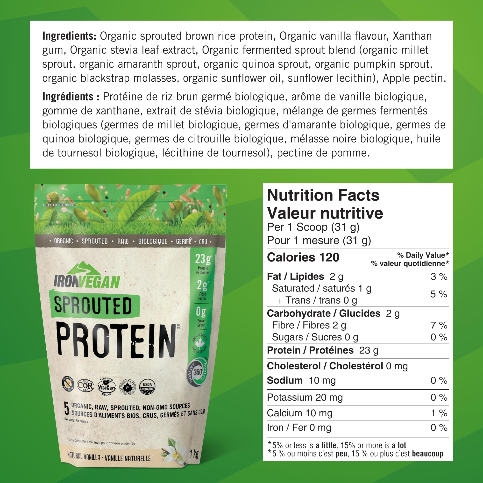 Iron Vegan Sprouted Protein, French Vanilla Flavour, 1kg | Vegan, plant-based, organic, gluten-free Brown (Pack of 1) 🍁 All In One Marketplace Canada
