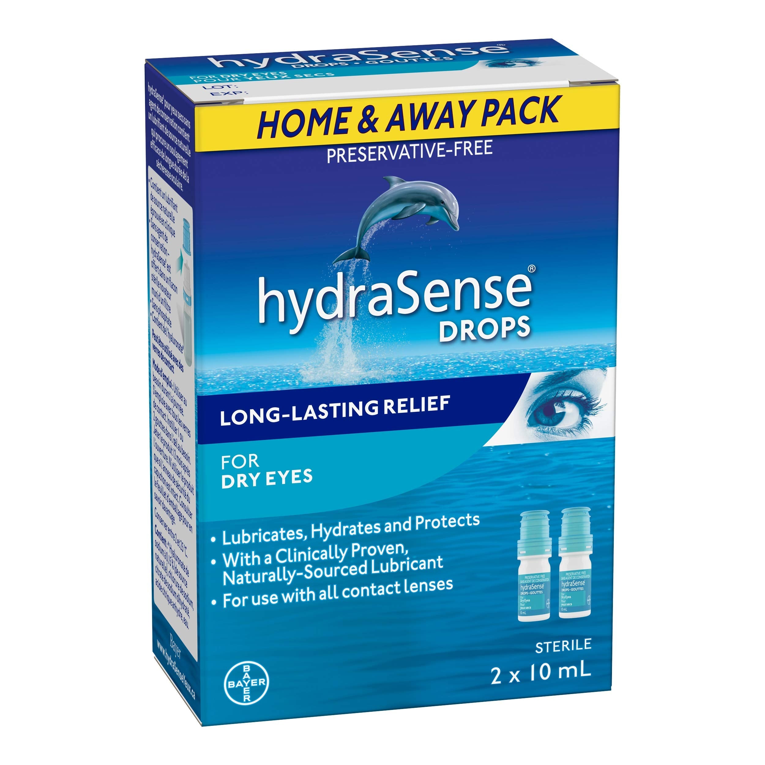 HydraSense Eye Drops, For Dry Eyes, Fast and Long-Lasting Relief, Preservative Free, Naturally Sourced Lubricant, Home and Away Twin Pack (2 x 10 mL), 20 mL 🍁 All In One Marketplace Canada