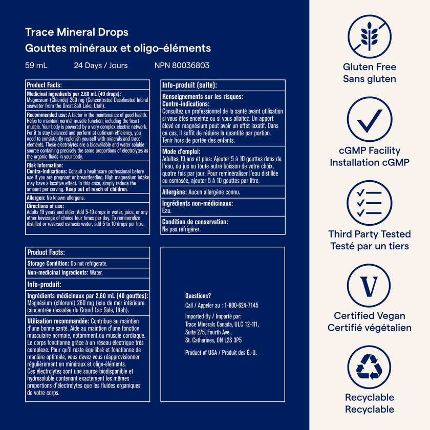 Trace Minerals ConcenTrace Drops | 60 ML | Full Spectrum Minerals | Ionic Liquid Magnesium, Chloride, Potassium | Low Sodium | Energy, Electrolytes, Hydration 🍁 All In One Marketplace Canada