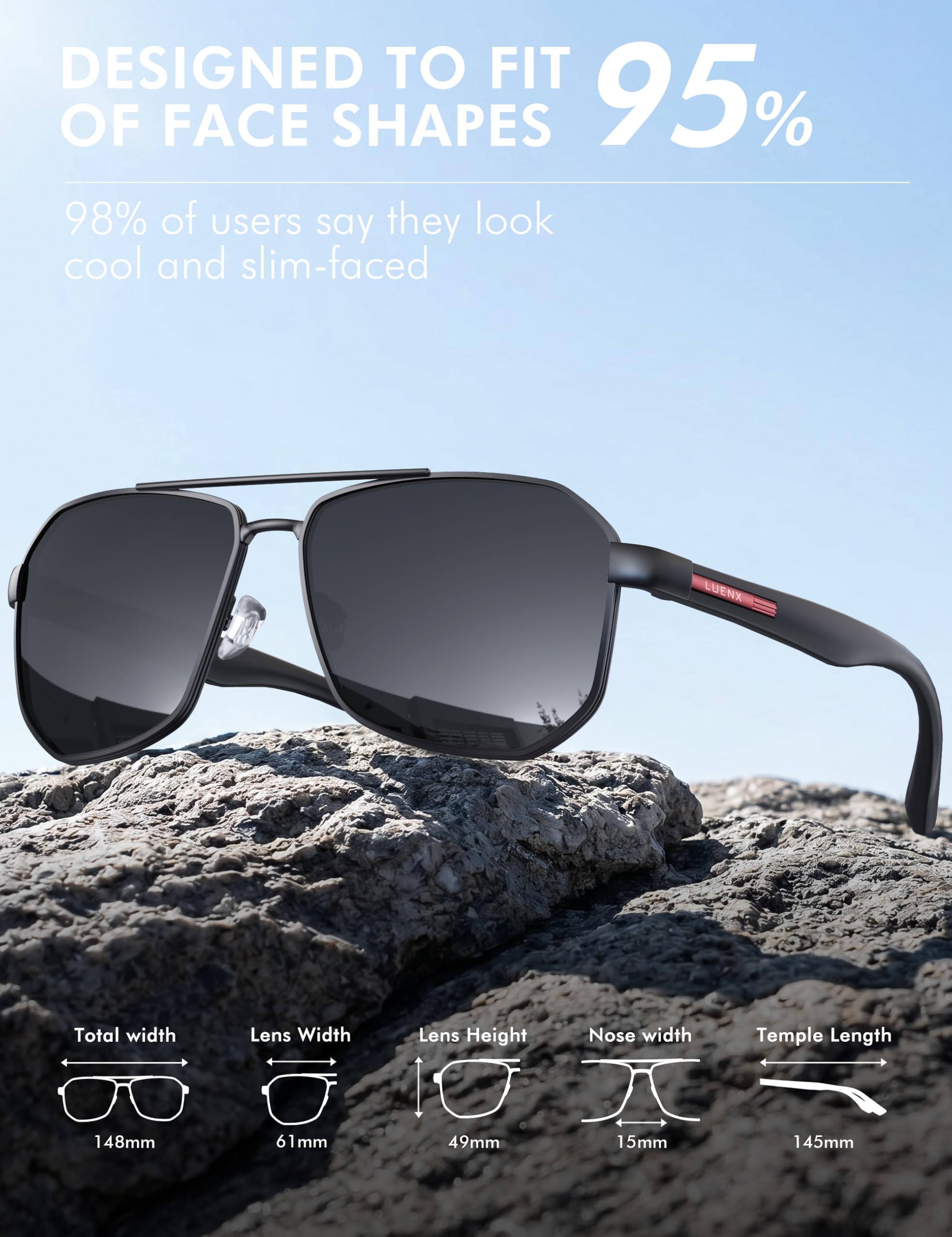 LUENX Aviator Sunglasses for Men Square Polarized Polygon Black Lens Matte Black Frame - UV 400 Protection with Accessories Driving 🍁 All In One Marketplace Canada