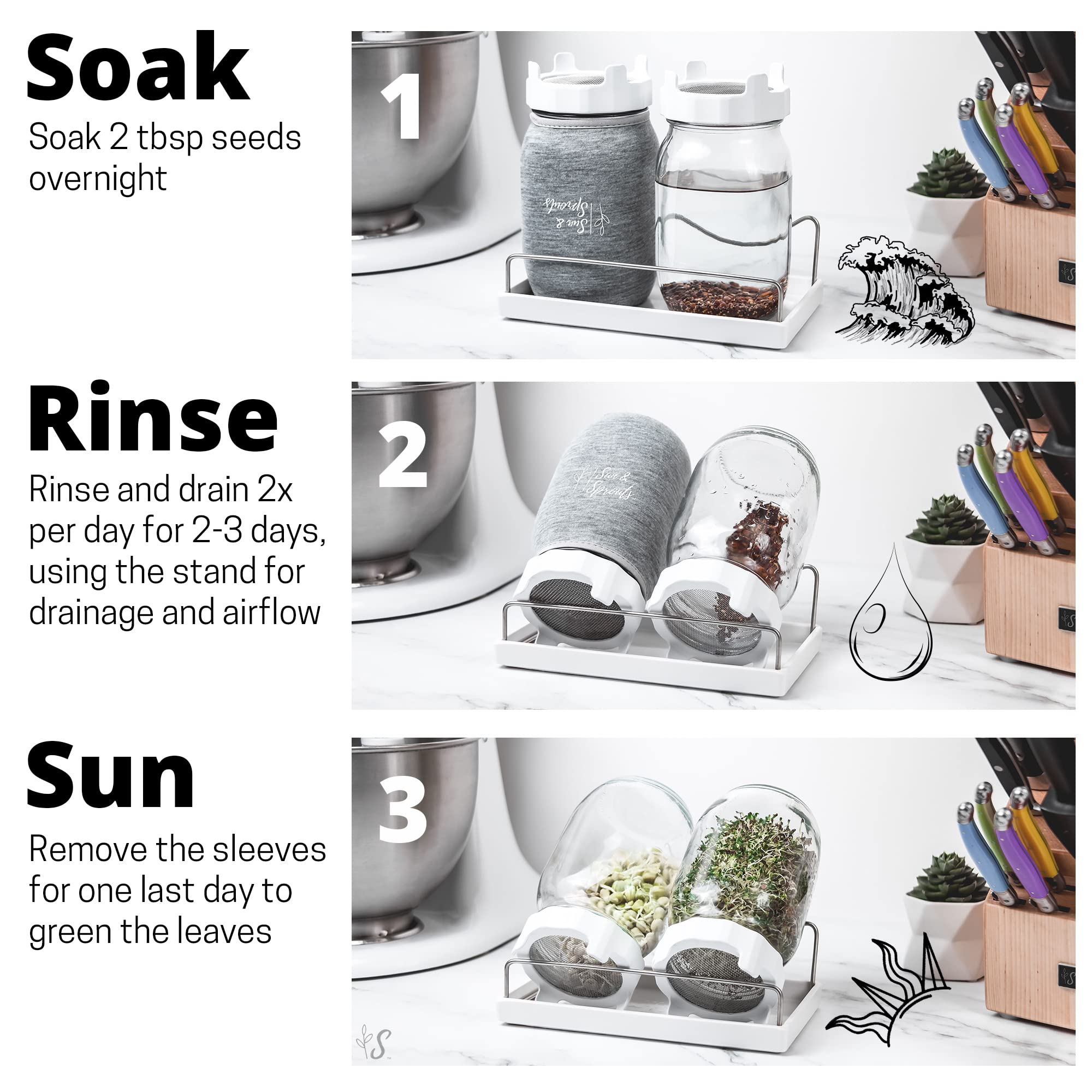Sun & Sprouts The Original Complete Sprouting Kit - 2 Large Wide-Mouth Mason Jars, Premium Screen lids, Blackout Sleeves, Tray, Sprouter Stand - for Growing Broccoli, Mung Bean, Alfalfa from Seed 🍁 All In One Marketplace Canada