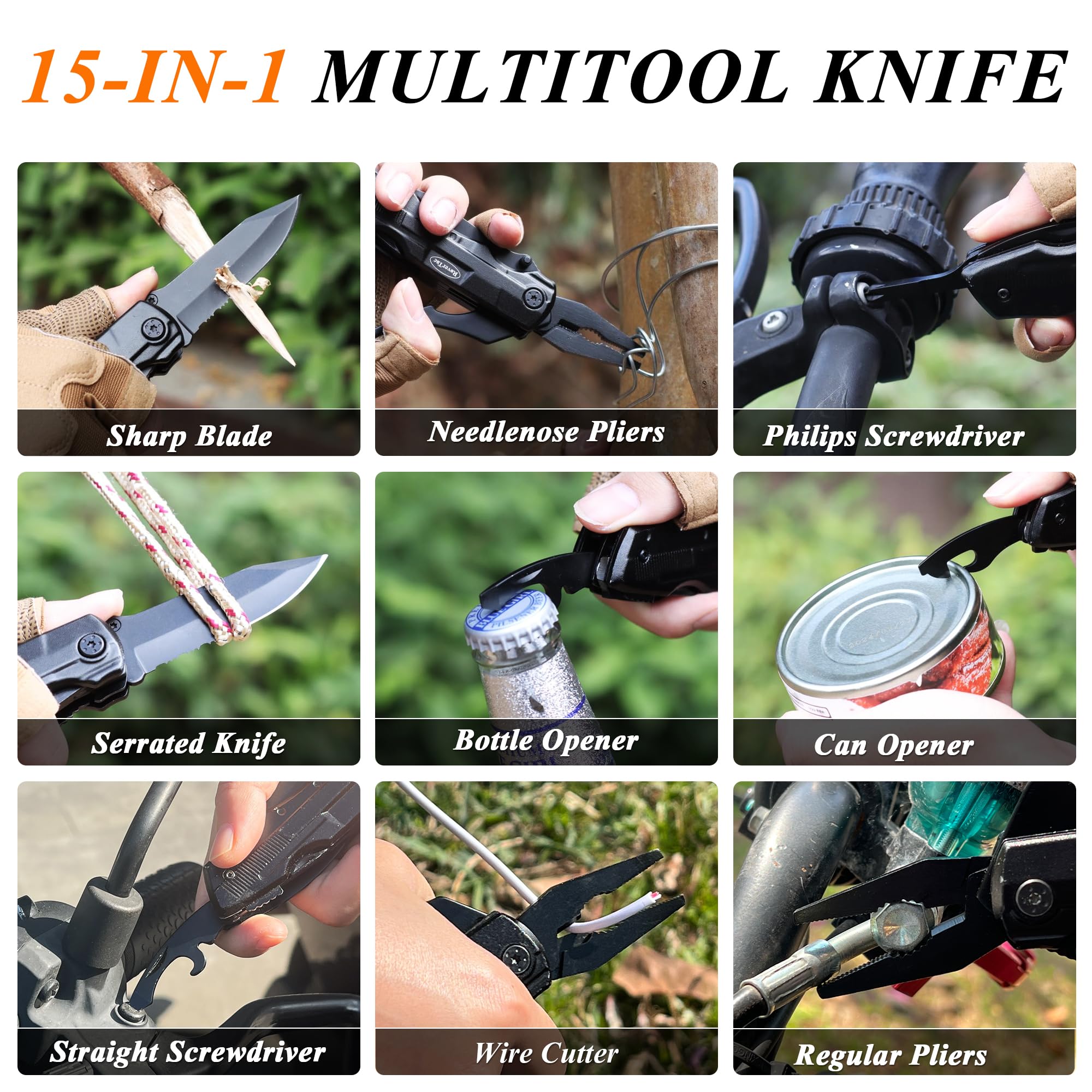 RoverTac Pocket Knife, 15-in-1 Multitool with Pliers, Bottle & Can Opener, 9 Screwdriver Bits, Locking Mechanism & Nylon Sheath - EDC Multi Tool for Camping, Hiking & DIY, Gift for Men & Dad 🍁 All In One Marketplace Canada