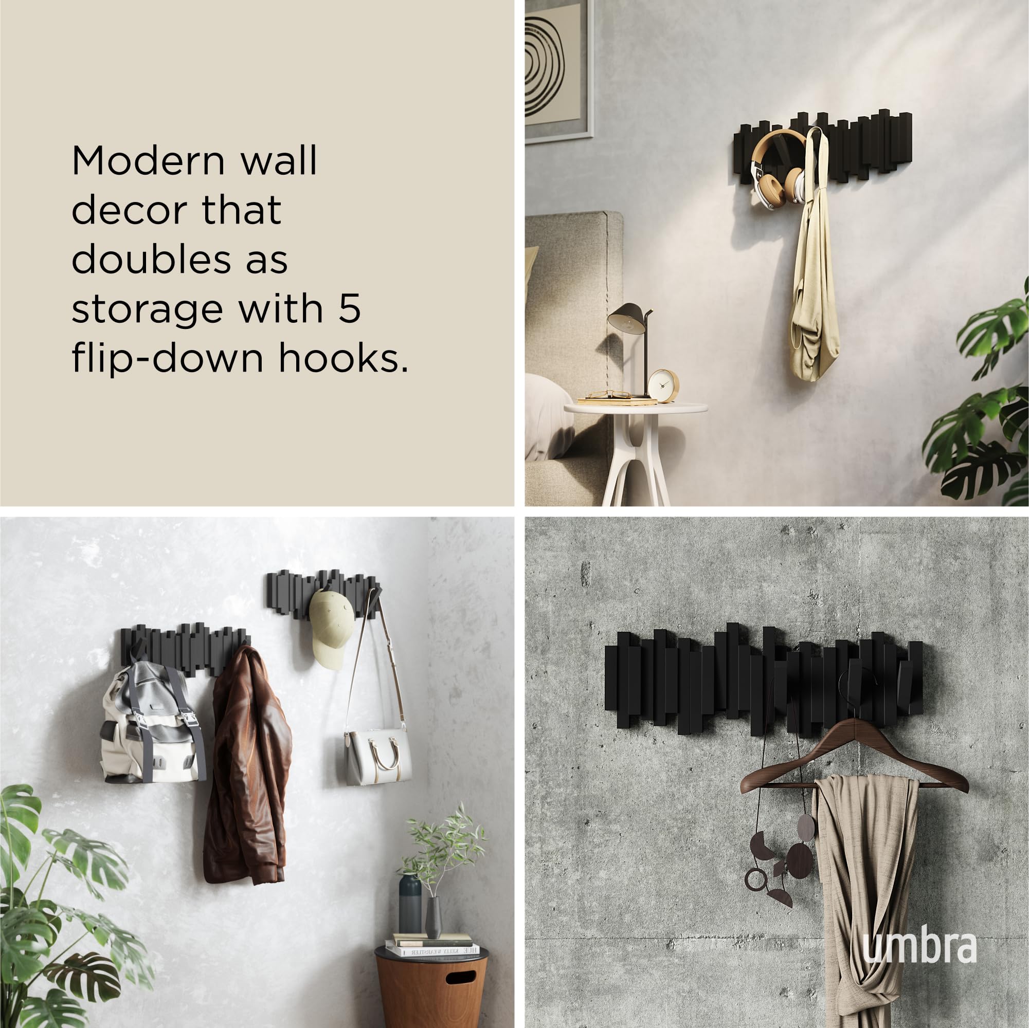 Umbra Sticks Wall-Mounted Coat Rack Rail Hook with 5 Retractable Pegs – Modern, Space-Saving Storage Organizer, Black 🍁 All In One Marketplace Canada