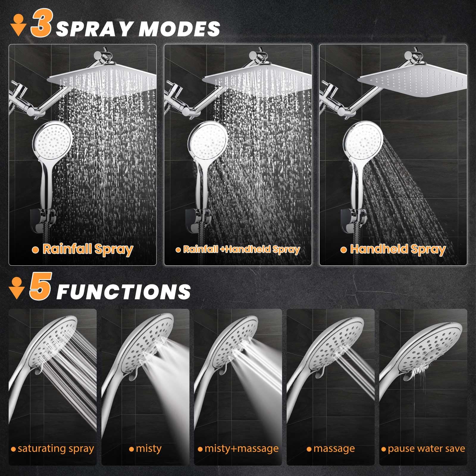 COSYLAND Rain Shower Head with Handheld - 304 Stainless Steel High Pressure 8 inch Square Rainfall Showerhead Combo with 3 Spray Mode 11 inch Extension Adjustable Arm & 60 inch Hose - Chrome 🍁 All In One Marketplace Canada