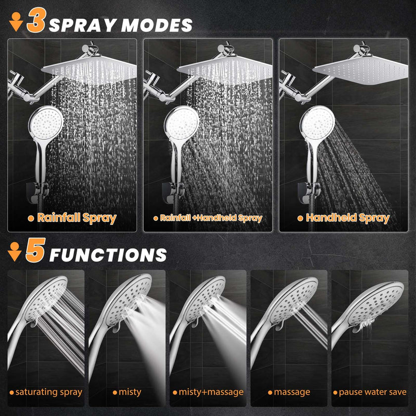 COSYLAND Rain Shower Head with Handheld - 304 Stainless Steel High Pressure 8 inch Square Rainfall Showerhead Combo with 3 Spray Mode 11 inch Extension Adjustable Arm & 60 inch Hose - Chrome 🍁 All In One Marketplace Canada