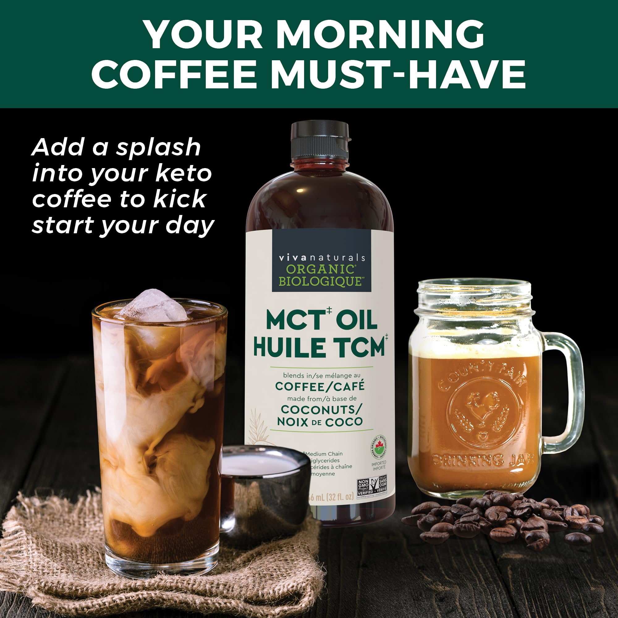 Viva Naturals MCT Oil Organic for Keto Coffee, Smoothies and Salad Dressings - Made from Organic Coconuts - Gluten Free, Dairy Free, Vegan, Keto & Paleo Certified - (946 mL, 32 fl oz) 🍁 All In One Marketplace Canada
