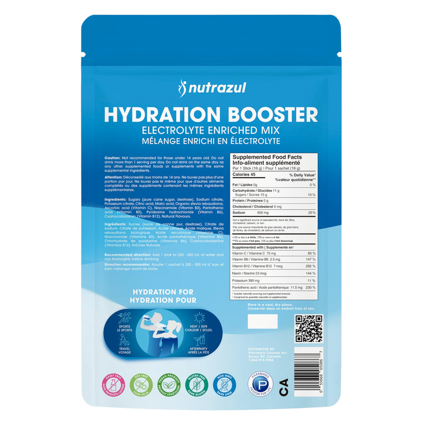 Nutrazul Hydration Booster, Electrolytes Powder Sticks with Sodium, Potassium, Vitamin B6 & B12, No Artificial Sweeteners, Acai Berry, Lemon Lime, Passion Fruit Flavour, 30 Sticks 🍁 All In One Marketplace Canada