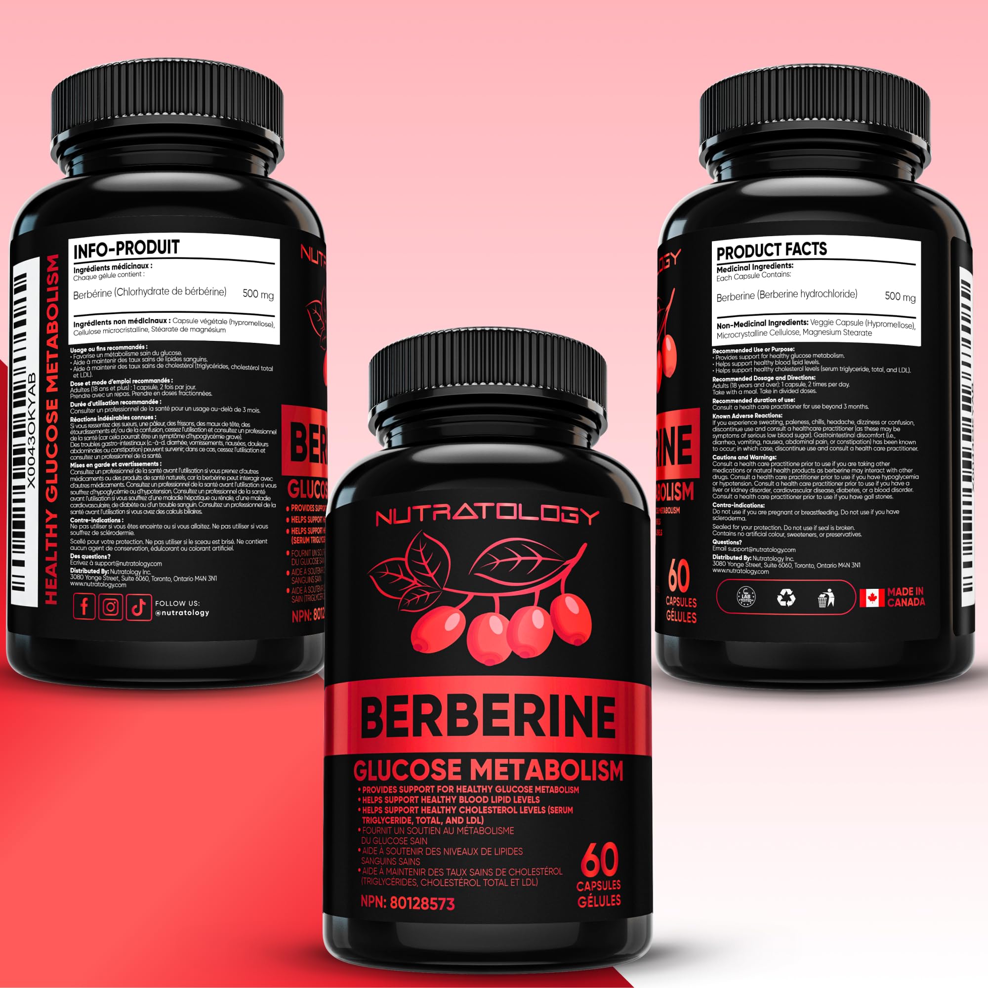 Nutratology® Berberine Supplement | Canadian-Made | Max Potency 500MG Per Capsule - Supports Glucose Metabolism & Healthy Blood Sugar Levels Through Efficient Metabolism Of Sugar & Fats - 60 Capsules 🍁 All In One Marketplace Canada