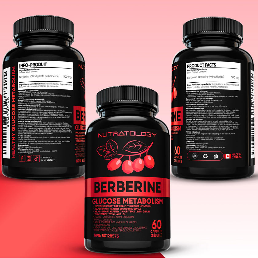 Nutratology® Berberine Supplement | Canadian-Made | Max Potency 500MG Per Capsule - Supports Glucose Metabolism & Healthy Blood Sugar Levels Through Efficient Metabolism Of Sugar & Fats - 60 Capsules 🍁 All In One Marketplace Canada
