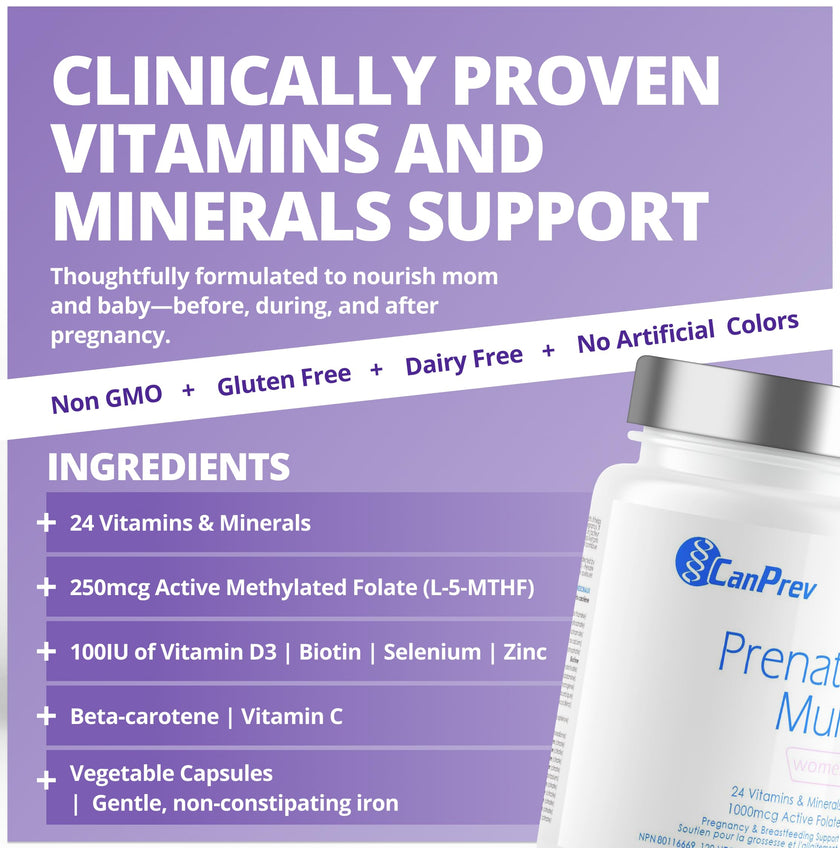 CanPrev Prenatal Multi 120 Caps 30-Day Supply - Prenatal Vitamins with Folic Acid for Pregnancy & Breastfeeding, Women's Prenatal Multivitamin & Mineral, 1000 mcg Active Folate - Non-GMO & Gluten-Free 🍁 All In One Marketplace Canada